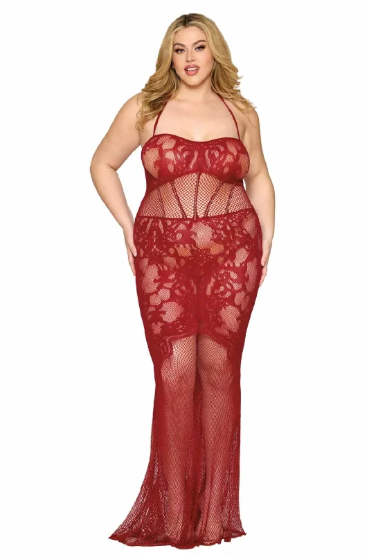 Plus Size Fishnet Corset Bodystocking Lace Gown