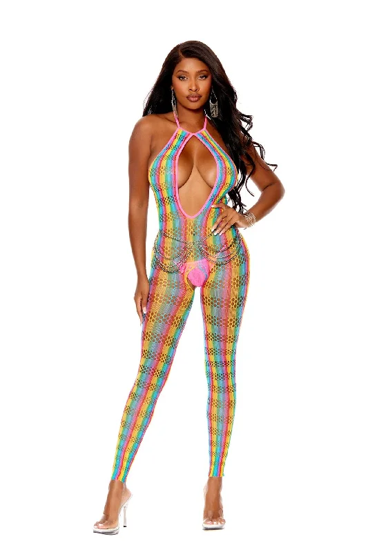 Rainbow Pattern Crochet Bodystocking with Open Crotch