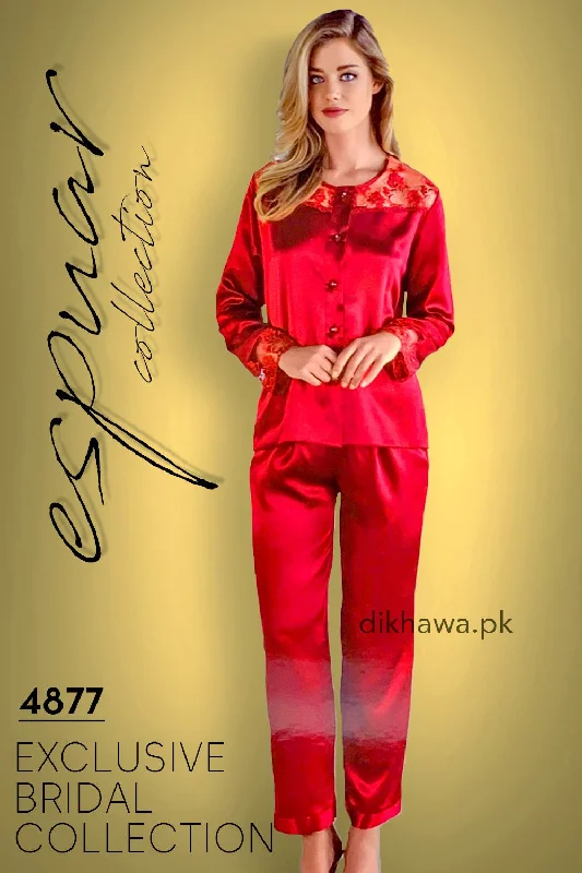 Espuar - Exclusive Bridal Wedding Honeymoon 2Pc Nightdress & Pajama Set Maroon 4877 - Turkish Brand