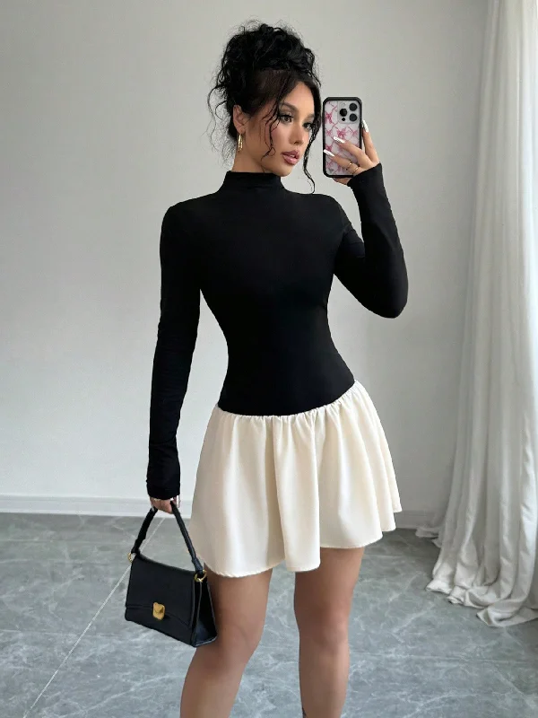 High - necked sexy dresses with a low - back detailElenzya Women's Elegant Color Block Ruffle Hem Stand Collar Short Dress High - necked sexy dresses with a low - back detailElenzya Women's Elegant Color Block Ruffle Hem Stand Collar Short Dress