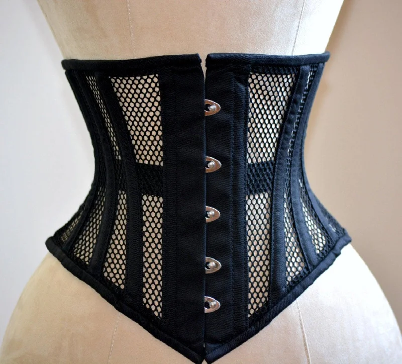 White bustiers for a pure and innocent aestheticReal steel boned underbust underwear corset from transparent mesh and cotton.