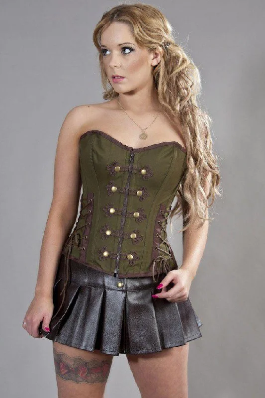 Satin corsets with a shiny and elegant finishRock Overbust Corset In Olive Green & Brown Twill