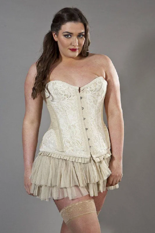 Petra Overbust Plus Size Corset In Cream Taffeta & Cream Lace Overlay