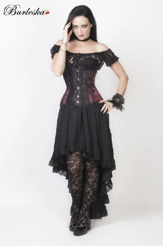 Floral - patterned corsets for a romantic and spring - like feelMorgana Underbust Steel Boned Corset In Burgundy Satin Flock With Black Lace
