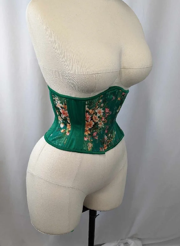 Green Floral Silk Steel Boned Waspie Underbust Corset