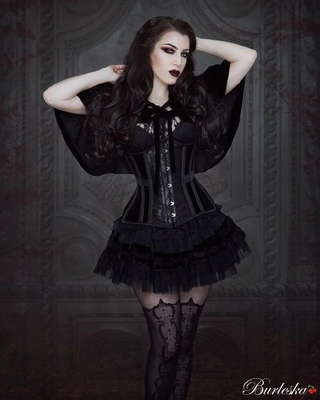 French - style bustiers for a romantic lookMorgana Underbust Steel Boned Corset In Black Velvet Flock With Black Lace