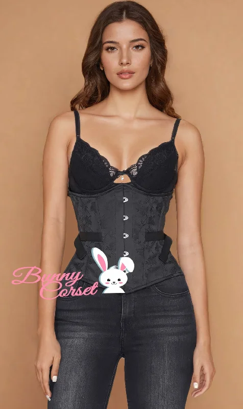 Hypoallergenic bustiers for sensitive skinEllisha Underbust Black Brocade Corset with Fan Lacing Hypoallergenic bustiers for sensitive skinEllisha Underbust Black Brocade Corset with Fan Lacing
