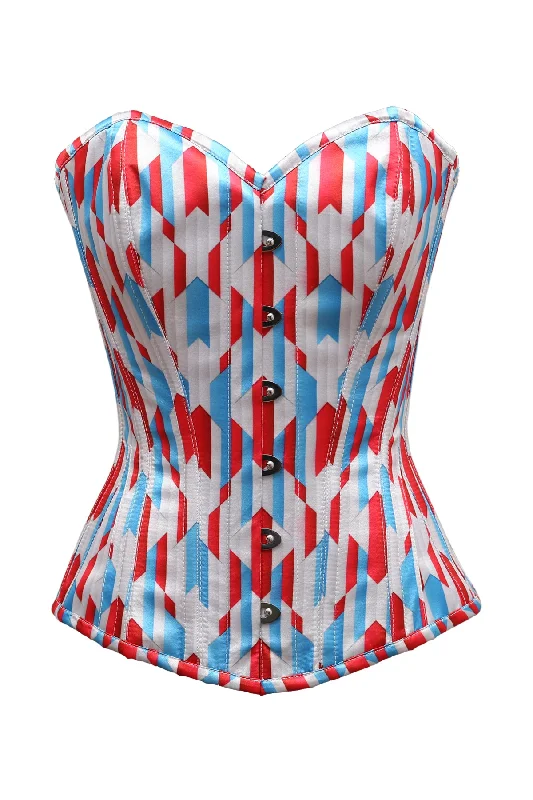 Supportive bustiers for large - busted womenRylee Red White Blue Zig Zag Print Satin Overbust Corset