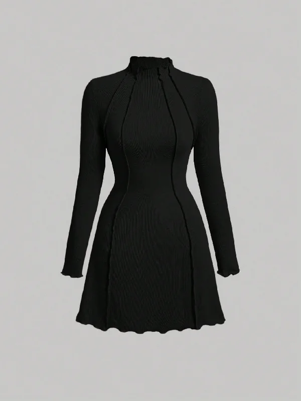 Sexy lingerie - inspired dresses for a seductive look at homeMOD Women's Stand Collar Long Sleeve Stitch Decoration Elasticity Black Dress Sexy lingerie - inspired dresses for a seductive look at homeMOD Women's Stand Collar Long Sleeve Stitch Decoration Elasticity Black Dress