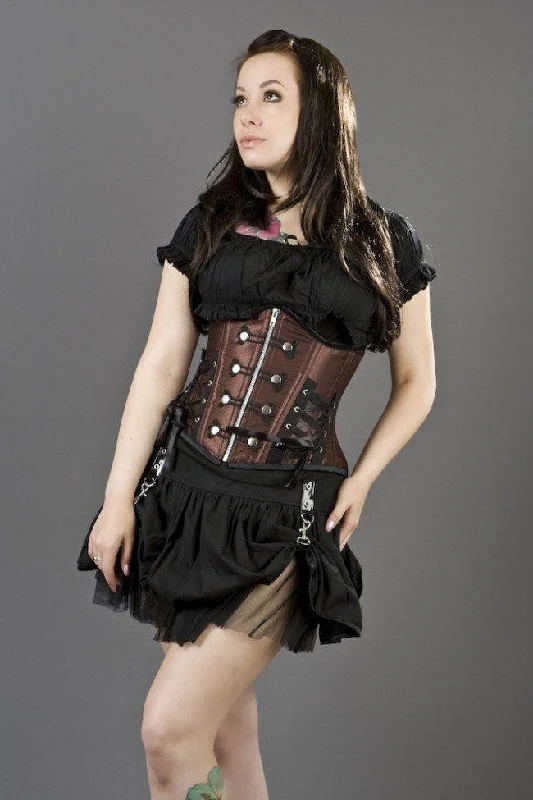 Rock Underbust Waist Cincher Corset In Brown Satin