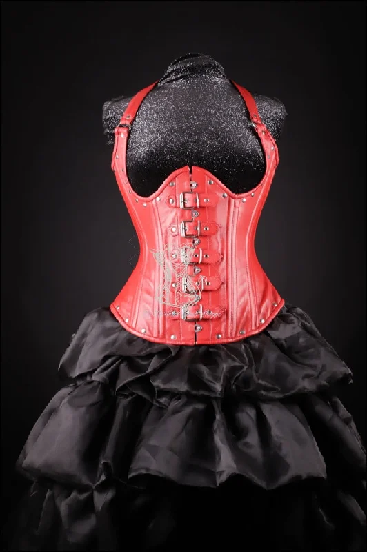 Leather Underbust Corset; Buckle Halter in Red