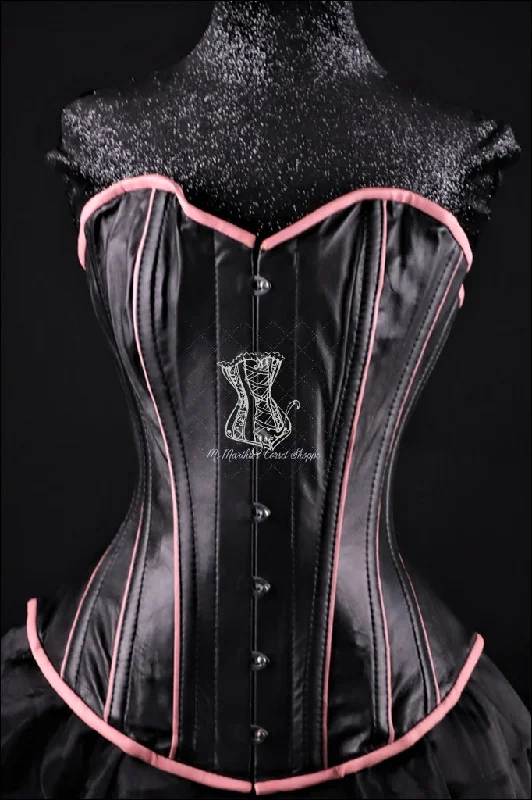 Leather Overbust Corset; Piping Series - Black with Pink Piping