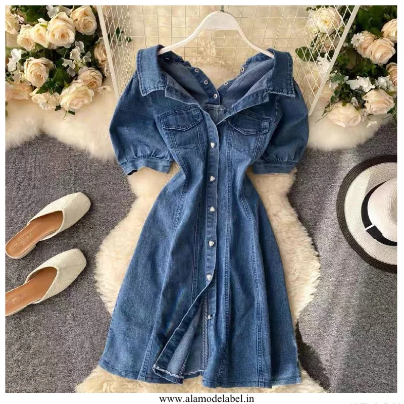 Blue sexy dresses in various shades for a cool aestheticCalista Offshoulder Denim Dress