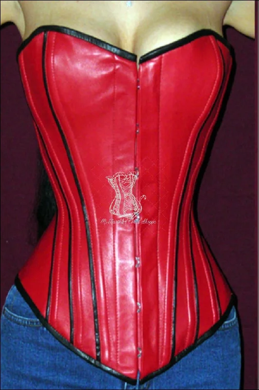 Leather Overbust Corset; Piping Series - Red with Black Piping