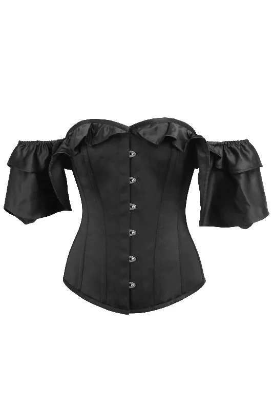 Hypoallergenic bustiers for sensitive skinCaoimhe Black Satin Corset With Off The Shoulder Frilled Sleeves