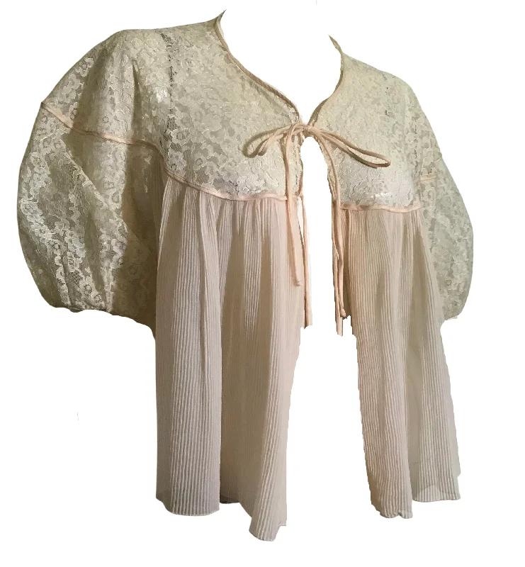 Vintage Inspired Lingerie for Women Sheer Peach Pleated Nylon Chiffon Lace Trimmed Bed Jacket circa 1950s Vintage Inspired Lingerie for Women Sheer Peach Pleated Nylon Chiffon Lace Trimmed Bed Jacket circa 1950s