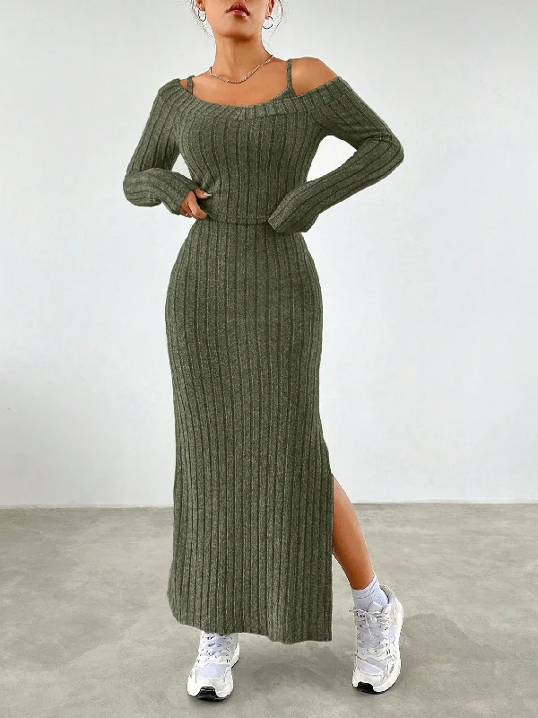 Silver - sequined sexy dresses for a futuristic feelEZwear Women's Solid Color Ribbed Cami Dress With Pullover Sweater Two Piece Set Silver - sequined sexy dresses for a futuristic feelEZwear Women's Solid Color Ribbed Cami Dress With Pullover Sweater Two Piece Set