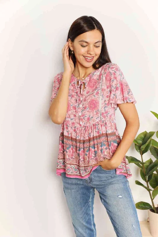 Women's Lingerie with Matching Robes Double Take Bohemian Decorative Button Tie-Neck Peplum Blouse, Also in Plus sizes