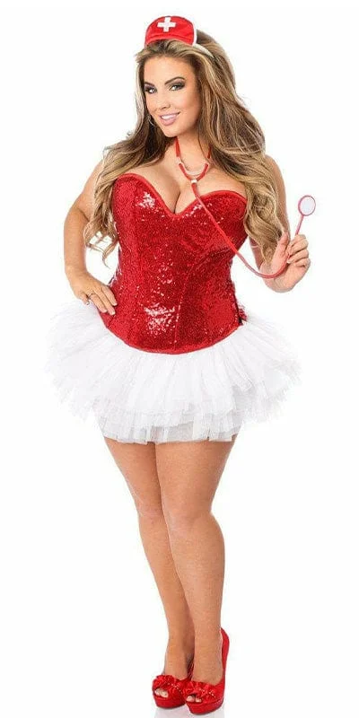 Sexy Deluxe 4 Piece Sequin Nurse Corset Halloween Costume