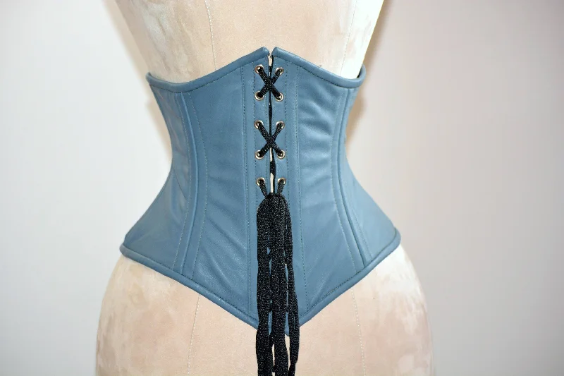 Geometric - printed bustiers for a modern and trendy lookAuthentic steel boned underbust corset from hand dyed real leather (lambskin). Waist training corset for tight lacing. Trendy fashion leather gray belt