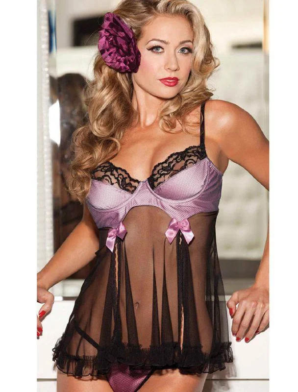 Vintage Inspired Lingerie for Women Satin Boutique IS-R77744 Cute Babydoll of Purple satin and sheer mesh, Reg $30 Vintage Inspired Lingerie for Women Satin Boutique IS-R77744 Cute Babydoll of Purple satin and sheer mesh, Reg $30