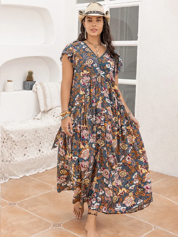 Plus Size Ruffled Printed Cap Sleeve Dress