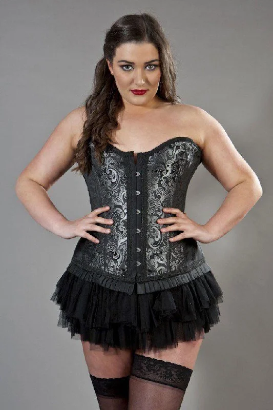 Striped corsets for a preppy and nautical vibePetra Overbust Plus Size Steel Boned Corset In Scroll Brocade