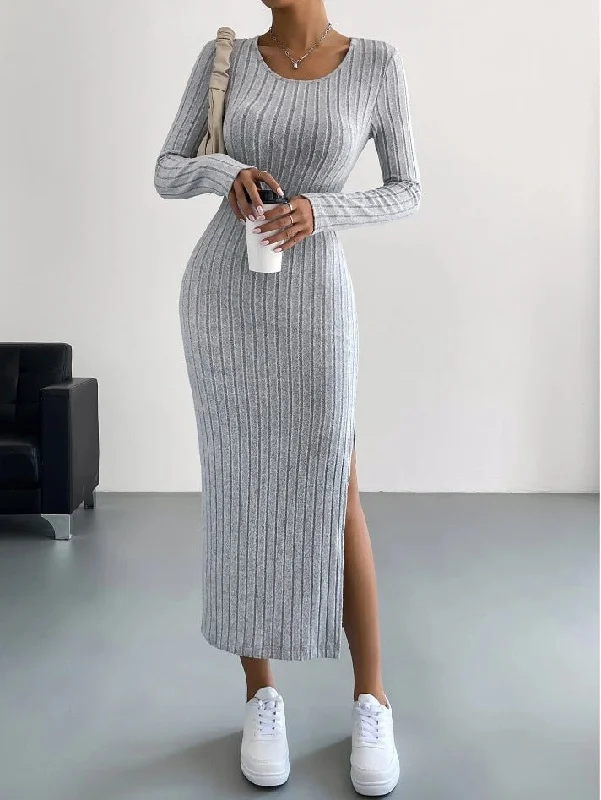 Sexy off - the - shoulder dresses for a flirty lookNew long-sleeved round neck slit knitted long dress for women Sexy off - the - shoulder dresses for a flirty lookNew long-sleeved round neck slit knitted long dress for women
