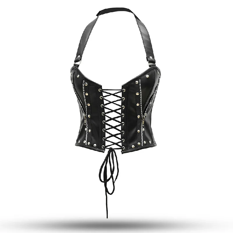 Black Leather Over Bust Corset with Shoulder Straps