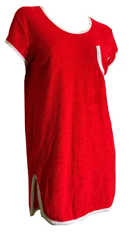 Women's Satin Sleepwear Lingerie Red and White Terry Cloth Night Shirt circa 1980s
