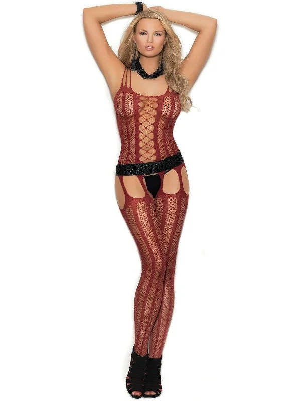 Elegant Moments EM-1301 Vertical striped fishnet suspender bodystocking