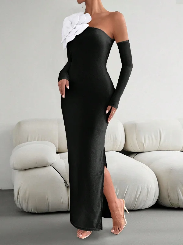 Beaded sexy dresses for added sparklePrivé Women's Elegant Contrast Color Exaggerated 3D Floral Decor Asymmetrical Neckline Side Slit Fitted Dress Beaded sexy dresses for added sparklePrivé Women's Elegant Contrast Color Exaggerated 3D Floral Decor Asymmetrical Neckline Side Slit Fitted Dress