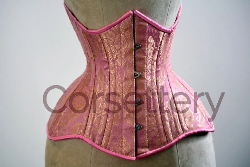 Striped corsets for a preppy and nautical vibeDouble row steel boned underbust corset from pink and gold brocade. Real waist training corset for tight lacing. Gothic, steampunk corset
