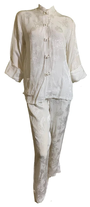 Affordable Lingerie for Women White Chinese Rayon 2 Pc Pajama Set circa 1960s