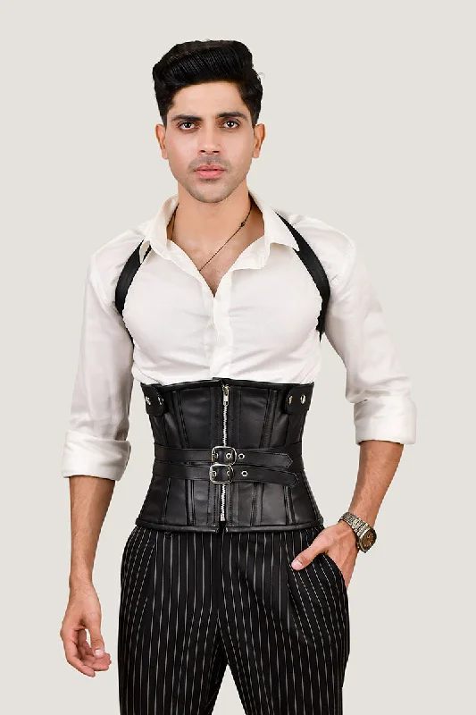 Satin corsets with a shiny and elegant finishMen Underbust Corset With  Shoulder Harness