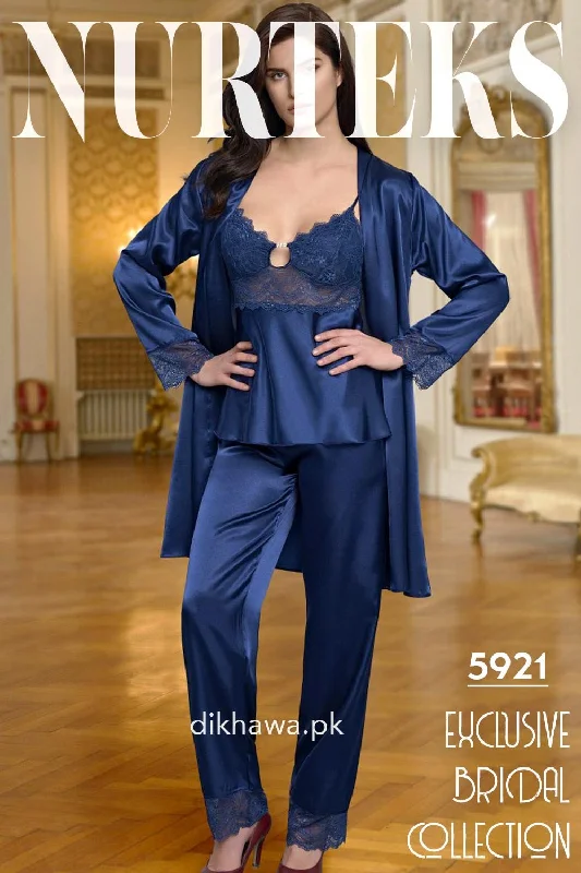 Nurteks - Exclusive Bridal Wedding Honeymoon 3Pc Nightdress & Pajama Set Royal Blue 5921 - Turkish Brand