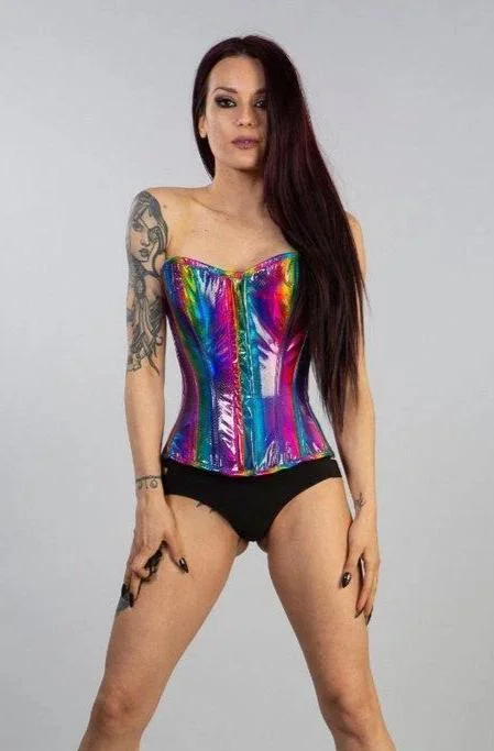 Glamour Overbust Lace Up Corset In Rainbow Snakeskin PVC