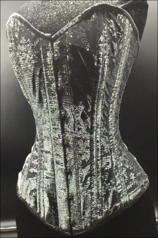 Vintage - style women's bustiers with lace and bowsSilk Overbust Corset; Sparkle Silver