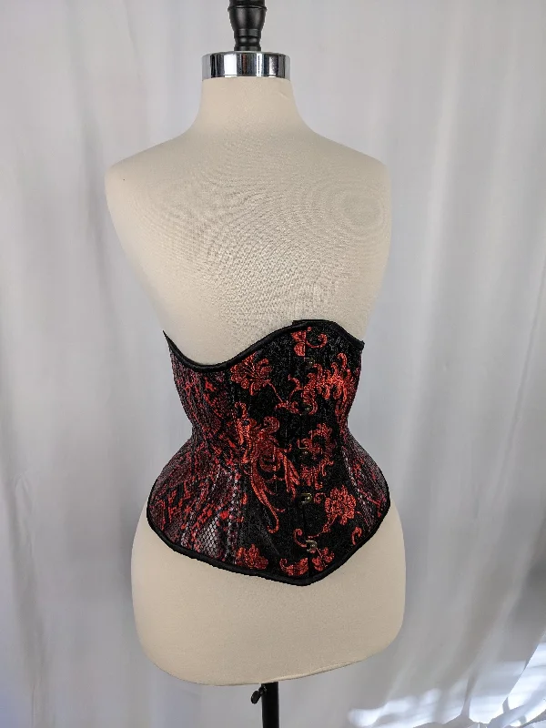 Red and Black Vinyl and Brocade Steel Boned Mid Hip Underbust Corset