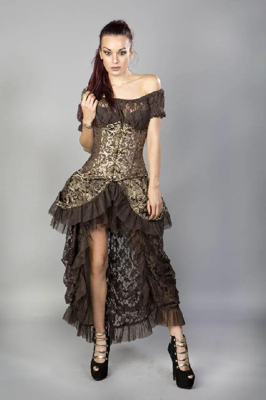 Pastel - colored corsets for a soft and feminine appealCandy C-lock Underbust Burlesque Corset In Brown & Gold Scroll Brocade