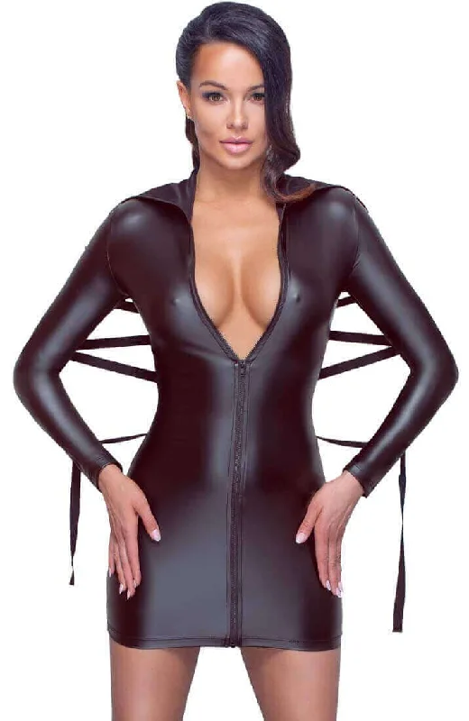 Black wet look dress with tie-back - On Point Bondage