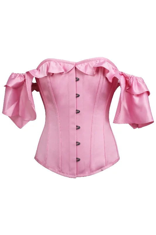 Denim - look corsets for a casual yet stylish twistSkye Baby Pink Satin Corset With Off The Shoulder Frilled Sleeves