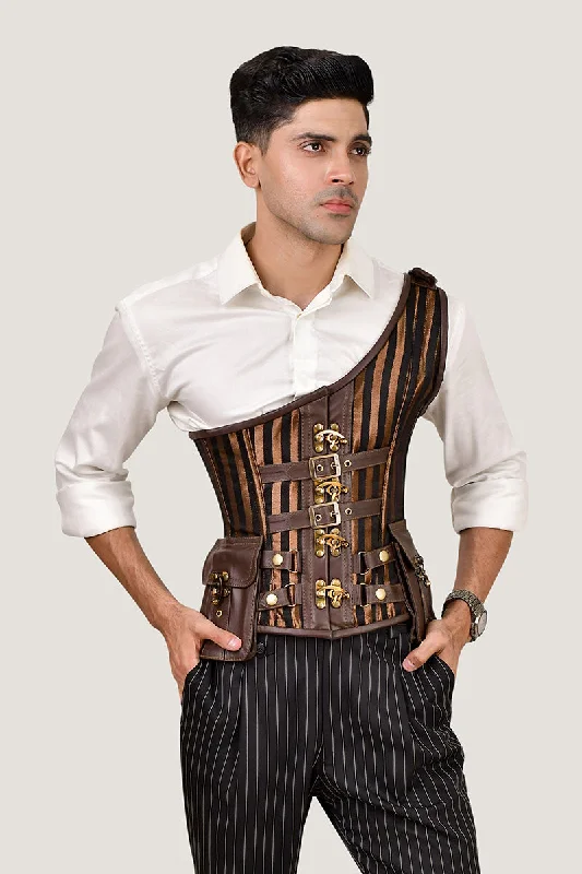 Steampunk - themed bustiers with brass accentsLeather-Brocade Corset for Men: Brown-Lined Design