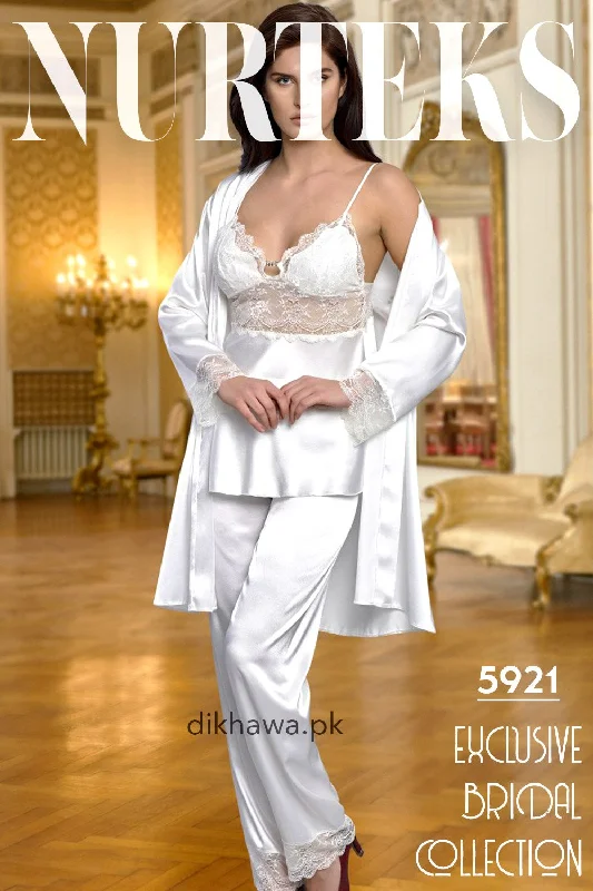 Nurteks - Exclusive Bridal Wedding Honeymoon 3Pc Nightdress & Pajama Set White 5921 - Turkish Brand