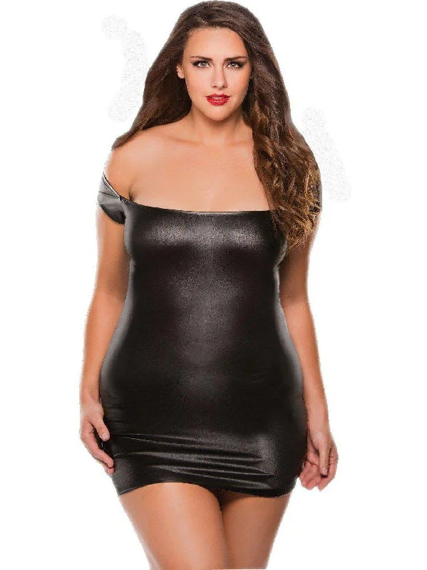 Off Shoulder Dress. ravishing, figure clinging ultra soft faux leather in Black or Red