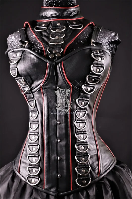 Leather Overbust Corset; D Rings with a removable Neck Piece in Black with Red Piping