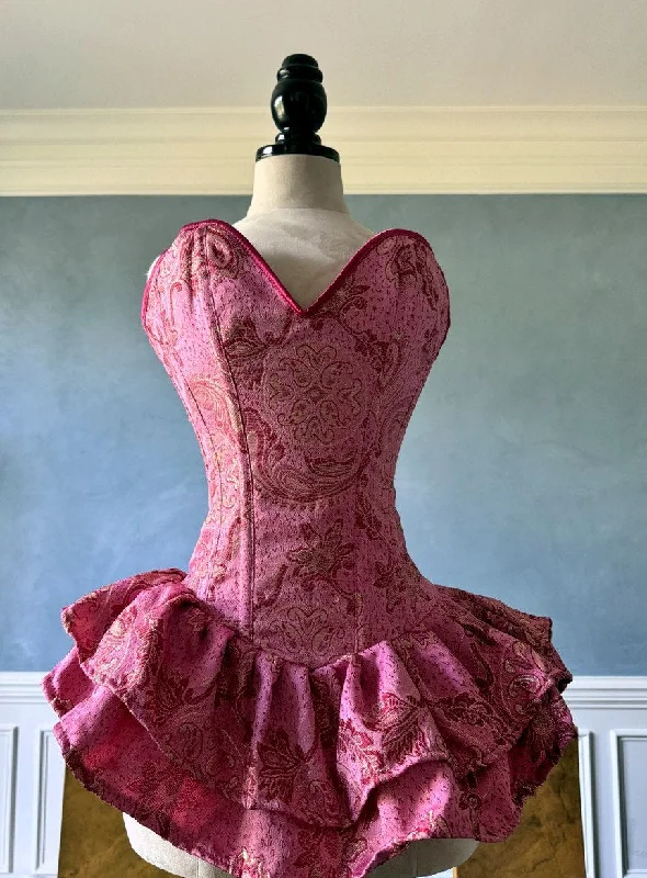 Authentic pink brocade corset dress with fluffy skirt. Prom, Valentine, mini wedding dress