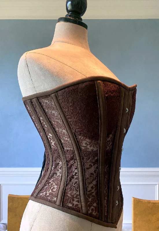 Overbust mesh authentic corset with cups in chocolate brown and other colors. Gothic Victorian, steampunk affordable, historical corset