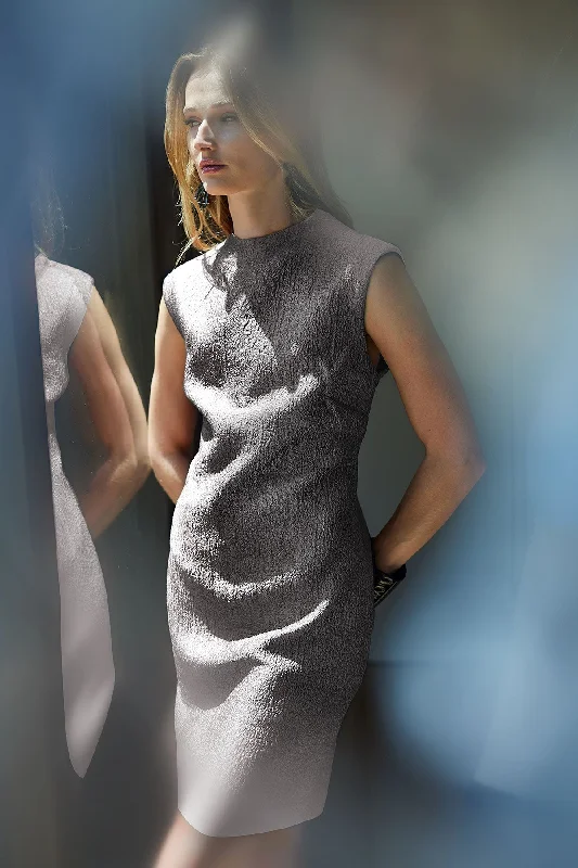 Metallic Jacquard Funnel Neck Shift Dress