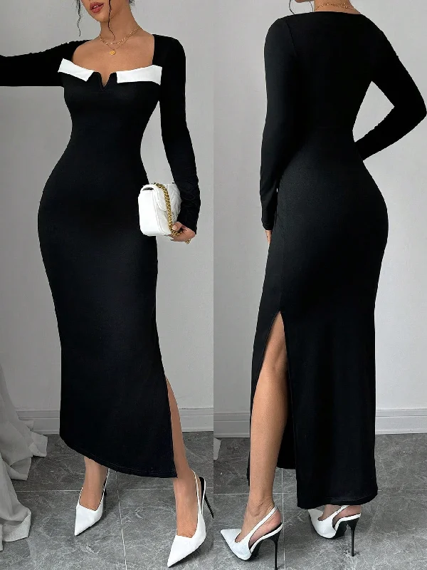 Asymmetrical - hemmed sexy dresses for a modern stylePrivé Women's V-Neck Long Sleeve Colorblock Fitted Elegant Dress Asymmetrical - hemmed sexy dresses for a modern stylePrivé Women's V-Neck Long Sleeve Colorblock Fitted Elegant Dress